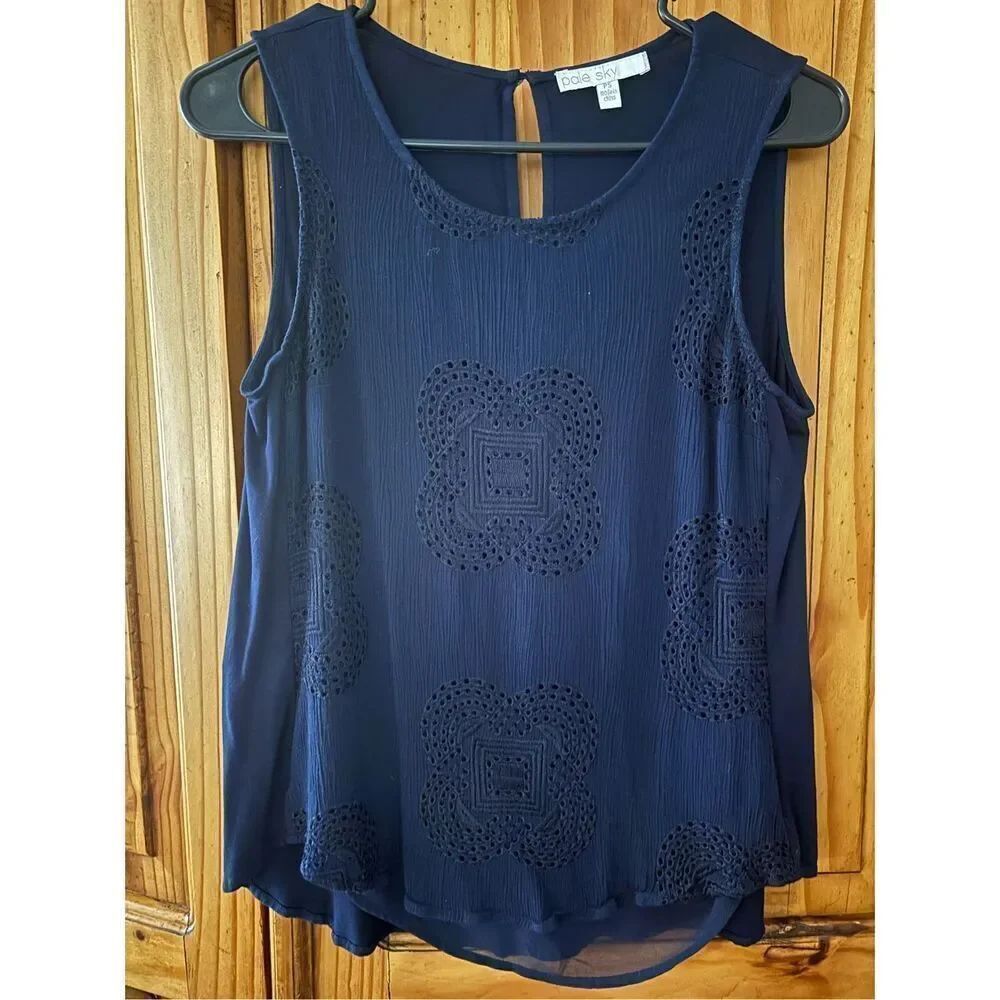 Pale Sky Dark Blue Embroidered Tank Top